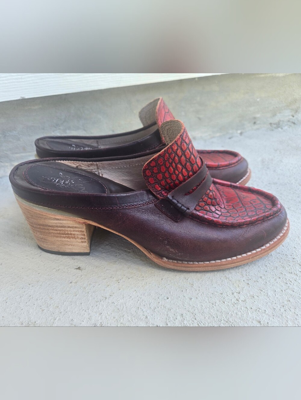 Freebird by Steven Red and Brown Leather Croc-Textured Slip-On Mules